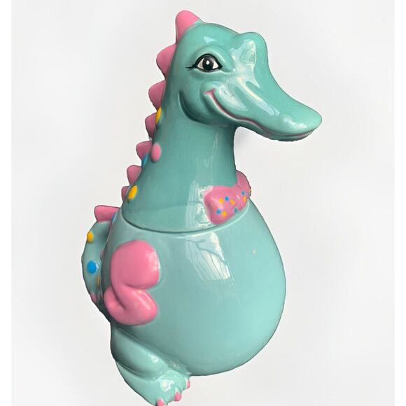 Vintage Kitsch Cute Candy Dapper Dragon Cookie Jar Bowtie Green Pink *Scratched* - Picture 2 of 13